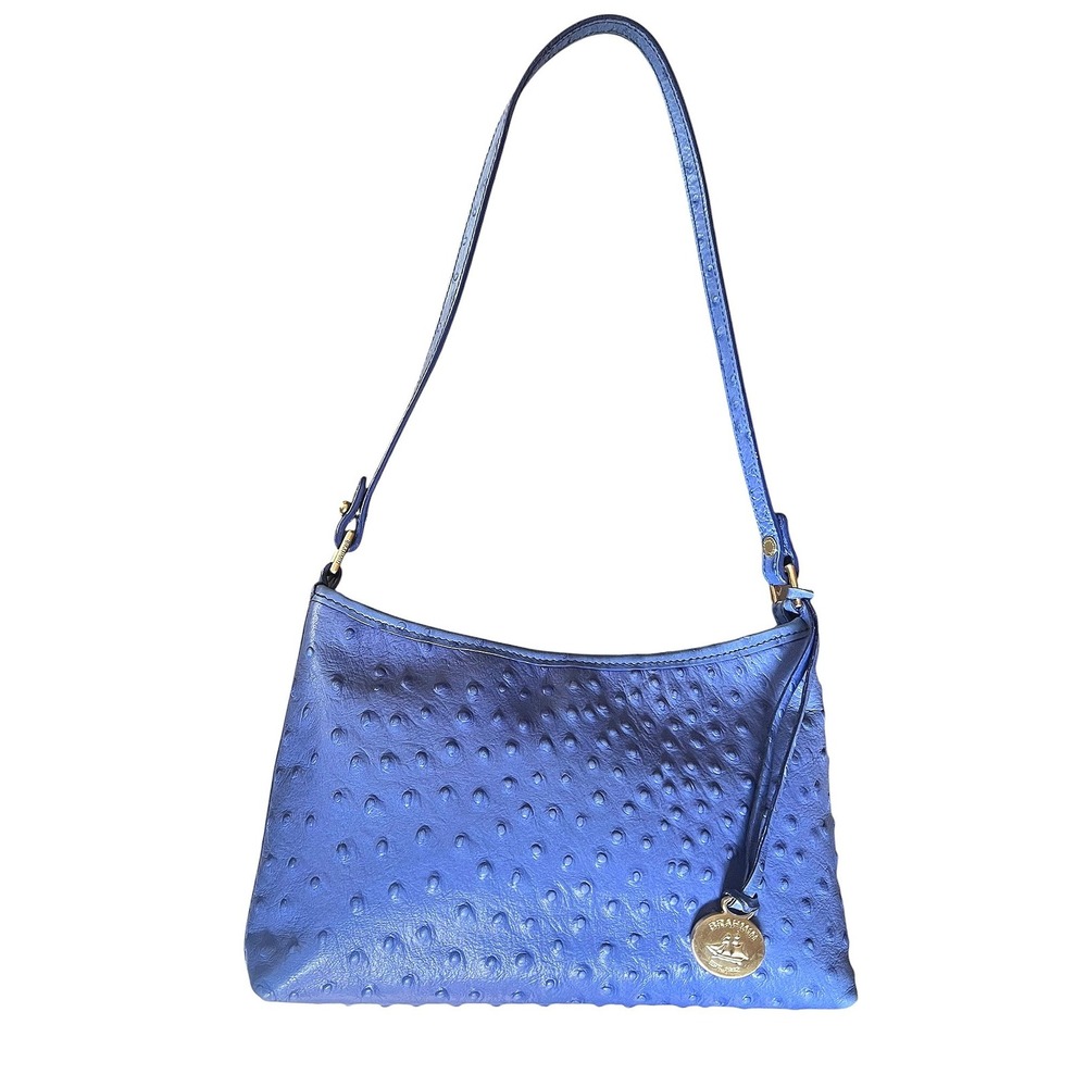 Brahmin Periwinkle Blue Ostrich Embossed Leather Small Shoulder Bag Gold Logo